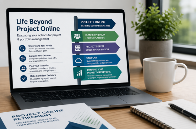 Laptop screen showing the four Microsoft Project Online replacement options — Planner Premium, Project Server Subscription Edition, OnePlan, and Dynamics 365 Project Operations — alongside a four-step evaluation framework.
